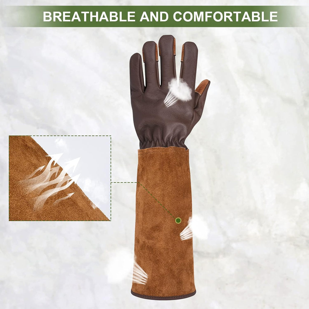 Long Gardening Gloves for Women Thorn Proof,Rose Pruning Cowhide Leather Garden Glove for Cactus, Rose and Blackberry