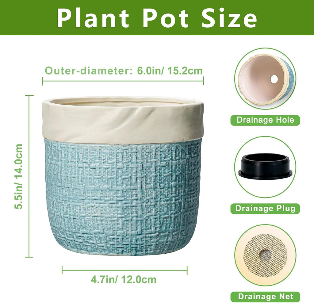 Ceramic Pots for Plants - 6 Inch Plant Pot for Indoor Succulent Plants, Round Planters with Drainage Hole, Decorative