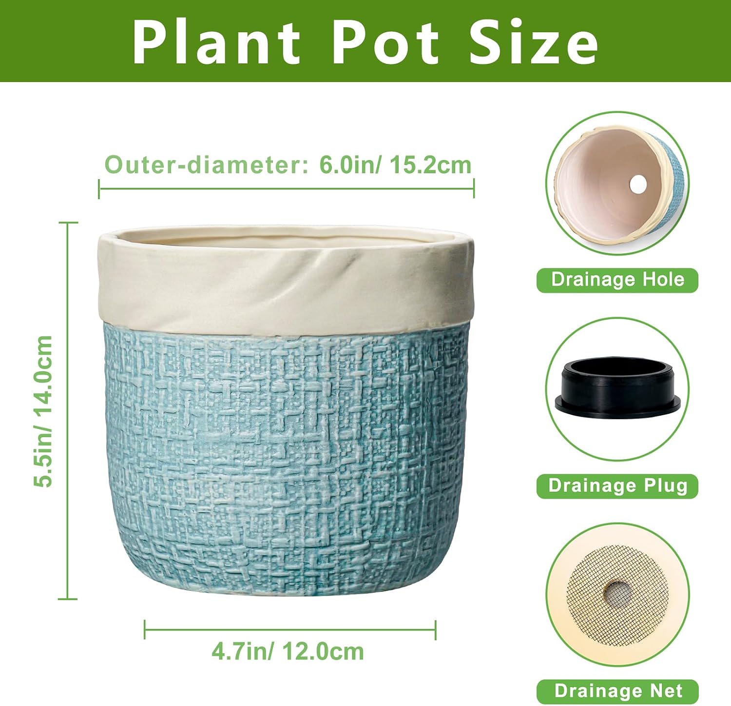 Ceramic Pots for Plants - 6 Inch Plant Pot for Indoor Succulent Plants, Round Planters with Drainage Hole, Decorative