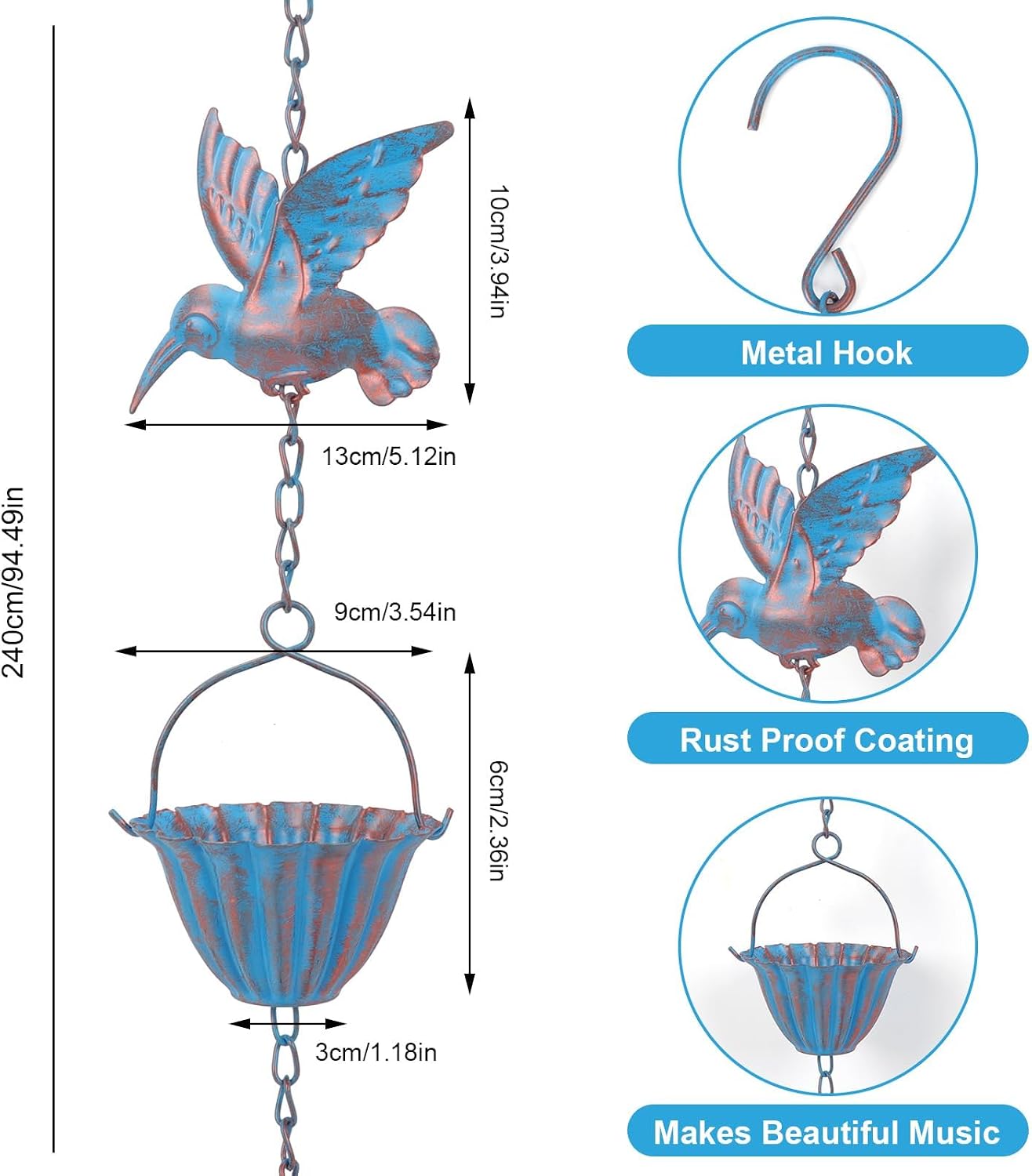 Hummingbird Rain Chain, 7.8 FT 7-Cup Adjustable Gutter Rain Catcher (Blue) | Adjustable Rust Resistant Outdoor Rain
