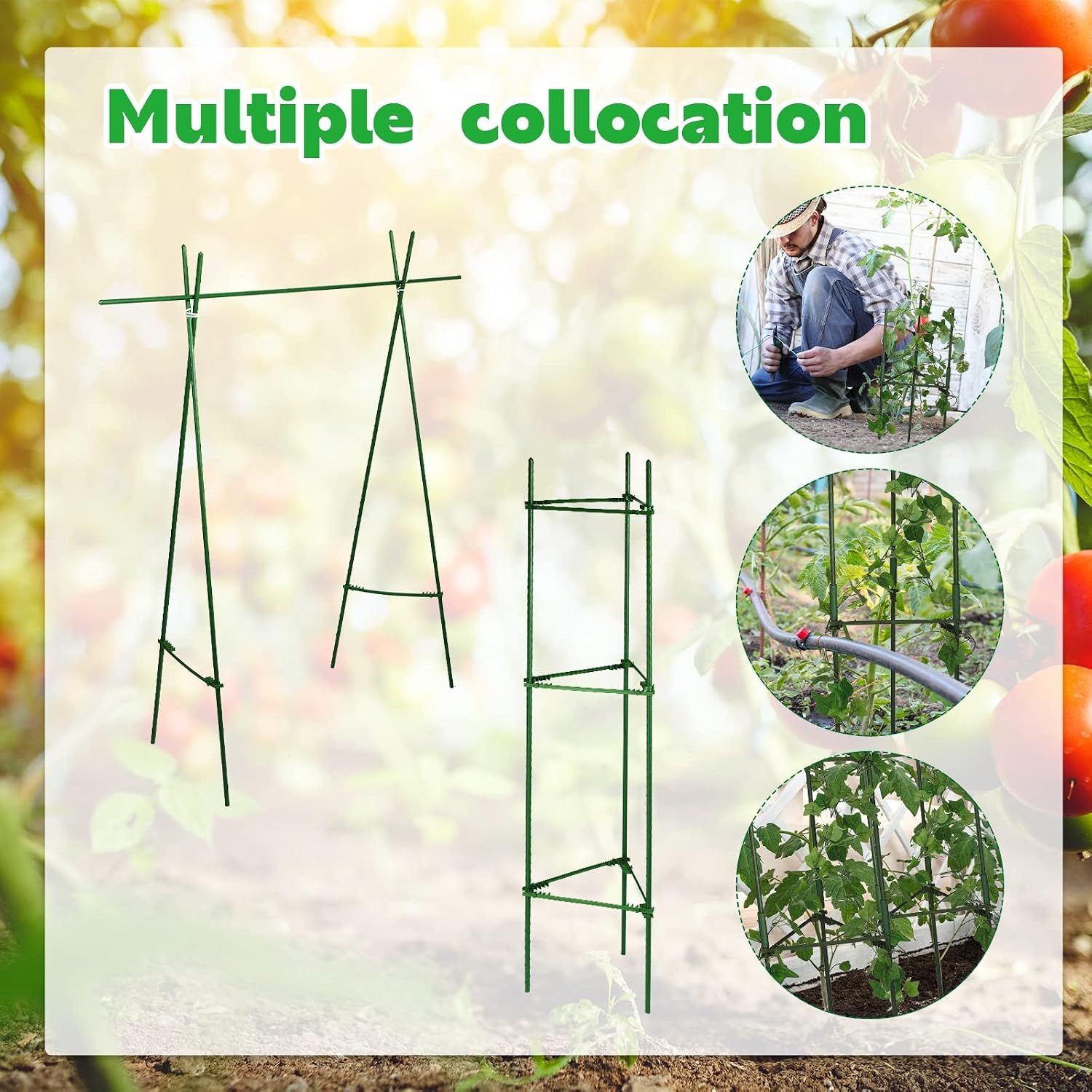 10 Packs Tomato Cages for Garden Support Up to 48" Tomato Plant Stakes Support with Adjustable Snap Arms Clips Plastic