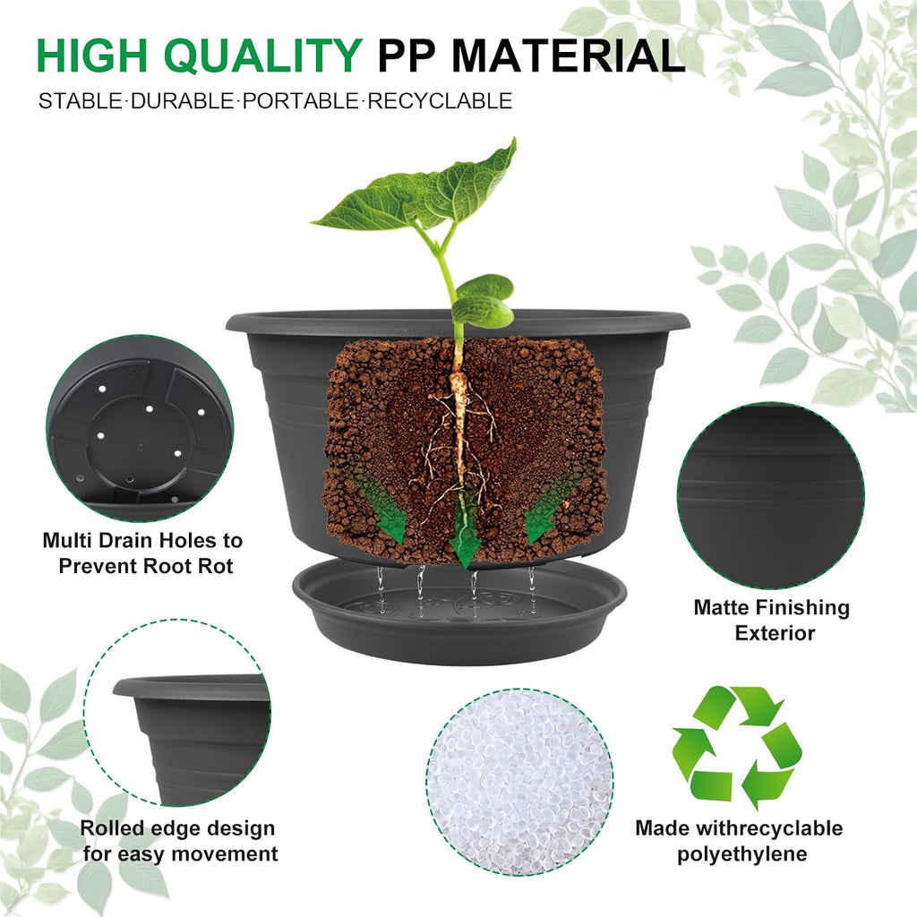 Large Flower Pots Set of 4 Pack 13 inch, Shallow Planter with Drainage Hole | Plant Pots Outdoor with Tray Saucer