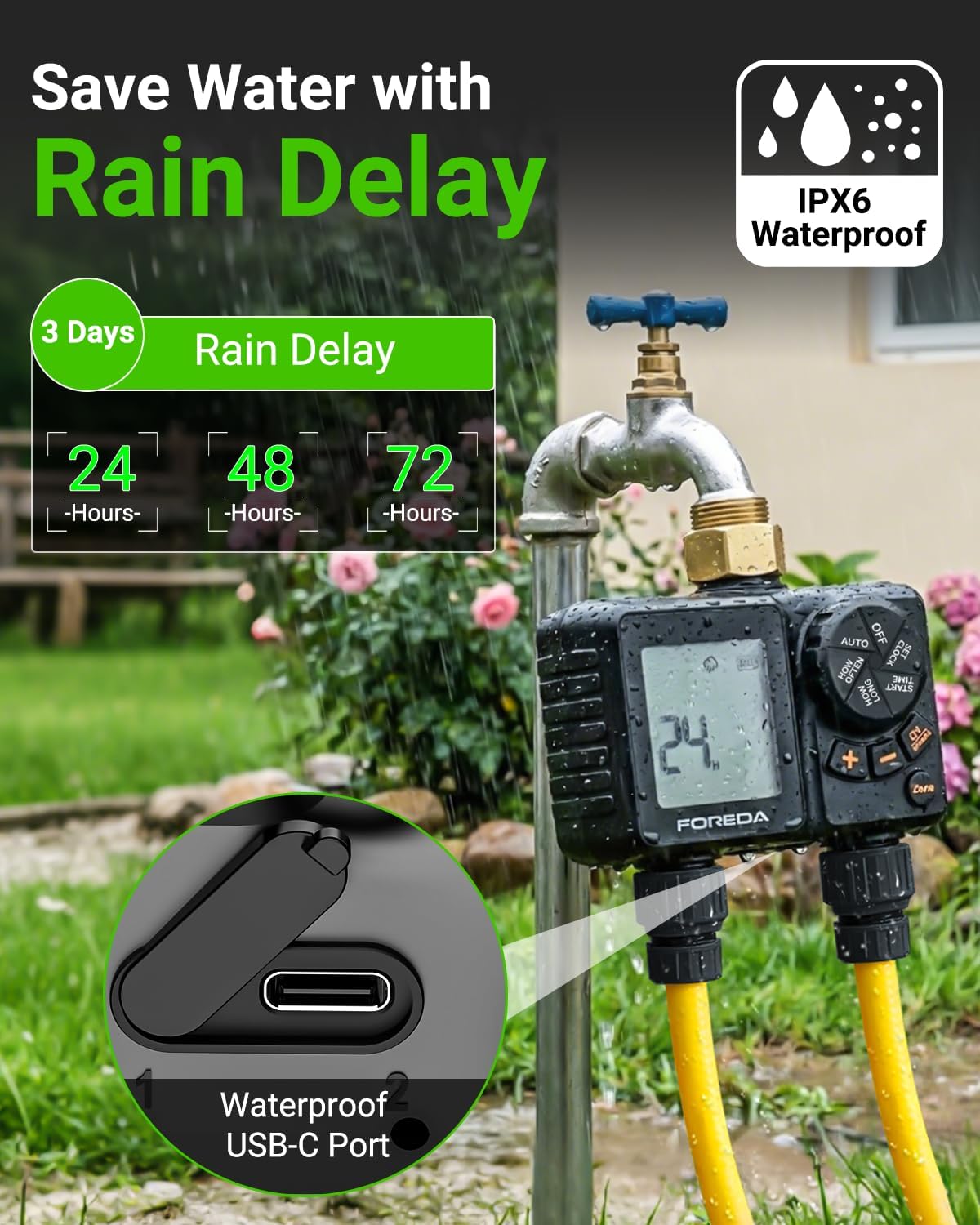 Rechargeable 2 Zone Water Timer, Sprinkler Timers for Garden Hose | Built-in Rechargeable Battery, Brass inlet, 2 Zone