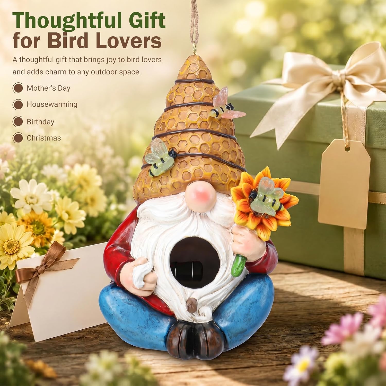 Yinns Bird House, Decorative Hanging Solar Gnome Birdhouse for Garden Decor | Birdhouses for Outdoors, Hanging Funny