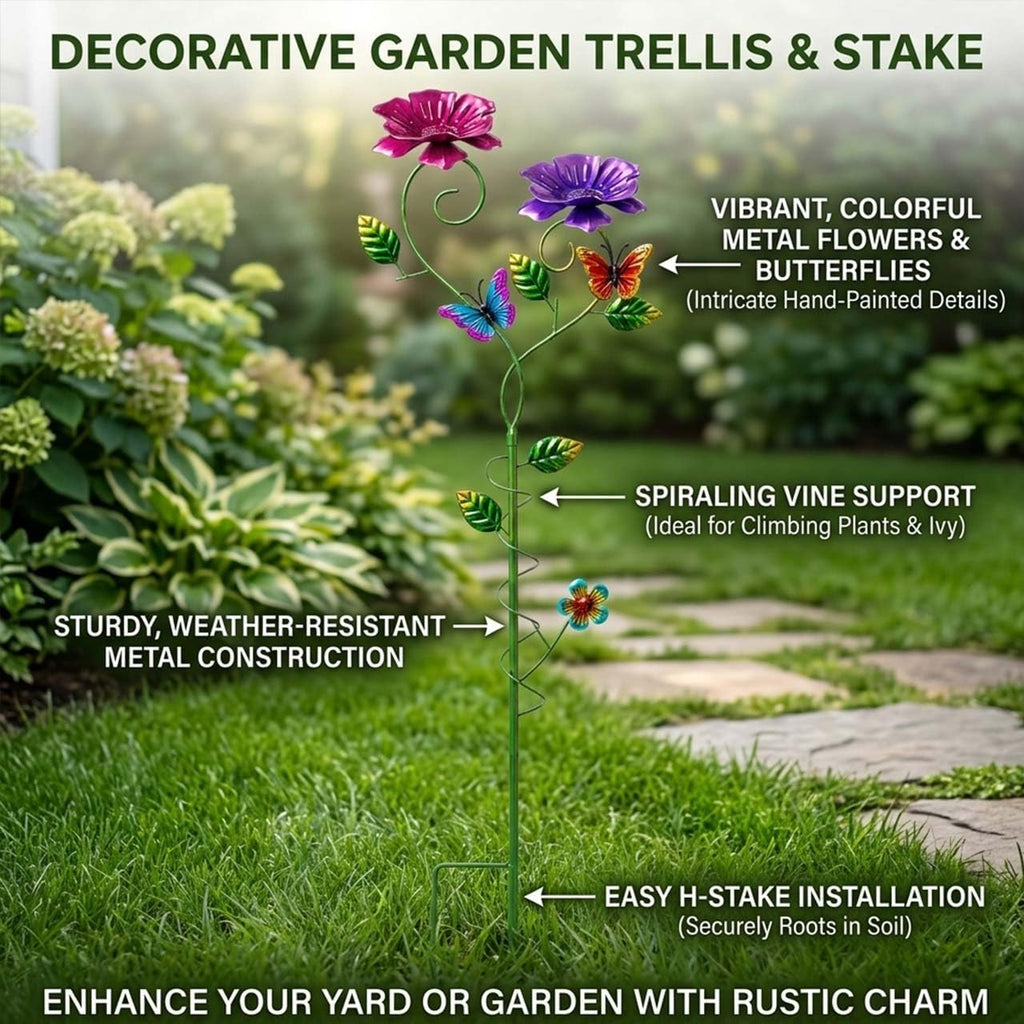 Flower Garden Stakes for Outdoor Yard Patio Lawn Decor | Hand-Painted Uv-Resistant Metal, Butterfly Accents, Spiral