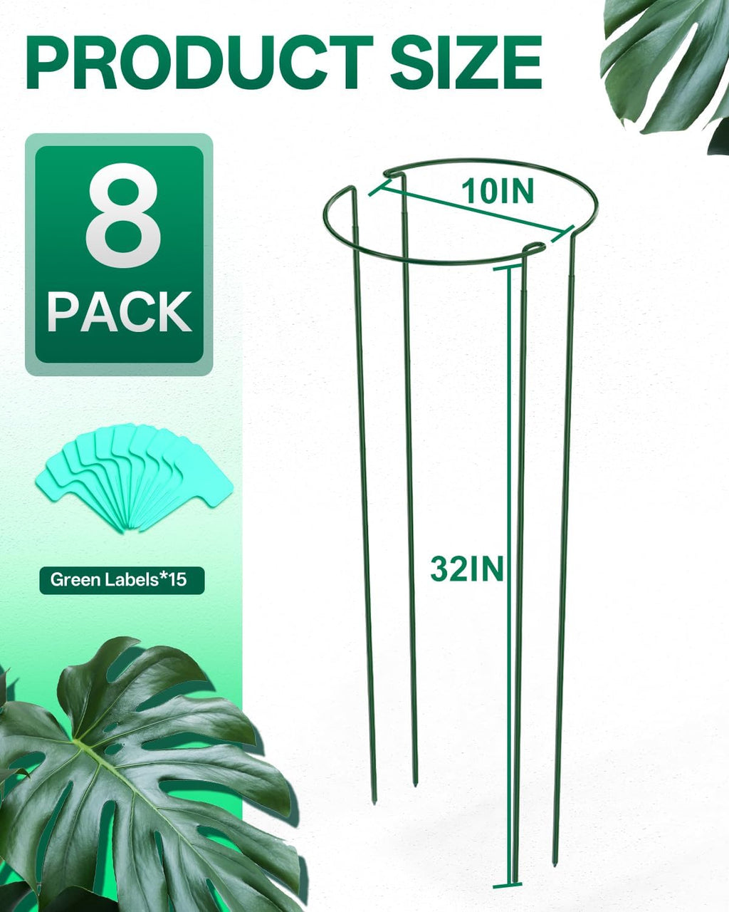 8 Pack 32 in Plant Support Stakes, Peony Cages and Supports with 15 Lables | Rust-proof Metal Plant Stakes, Adjustable