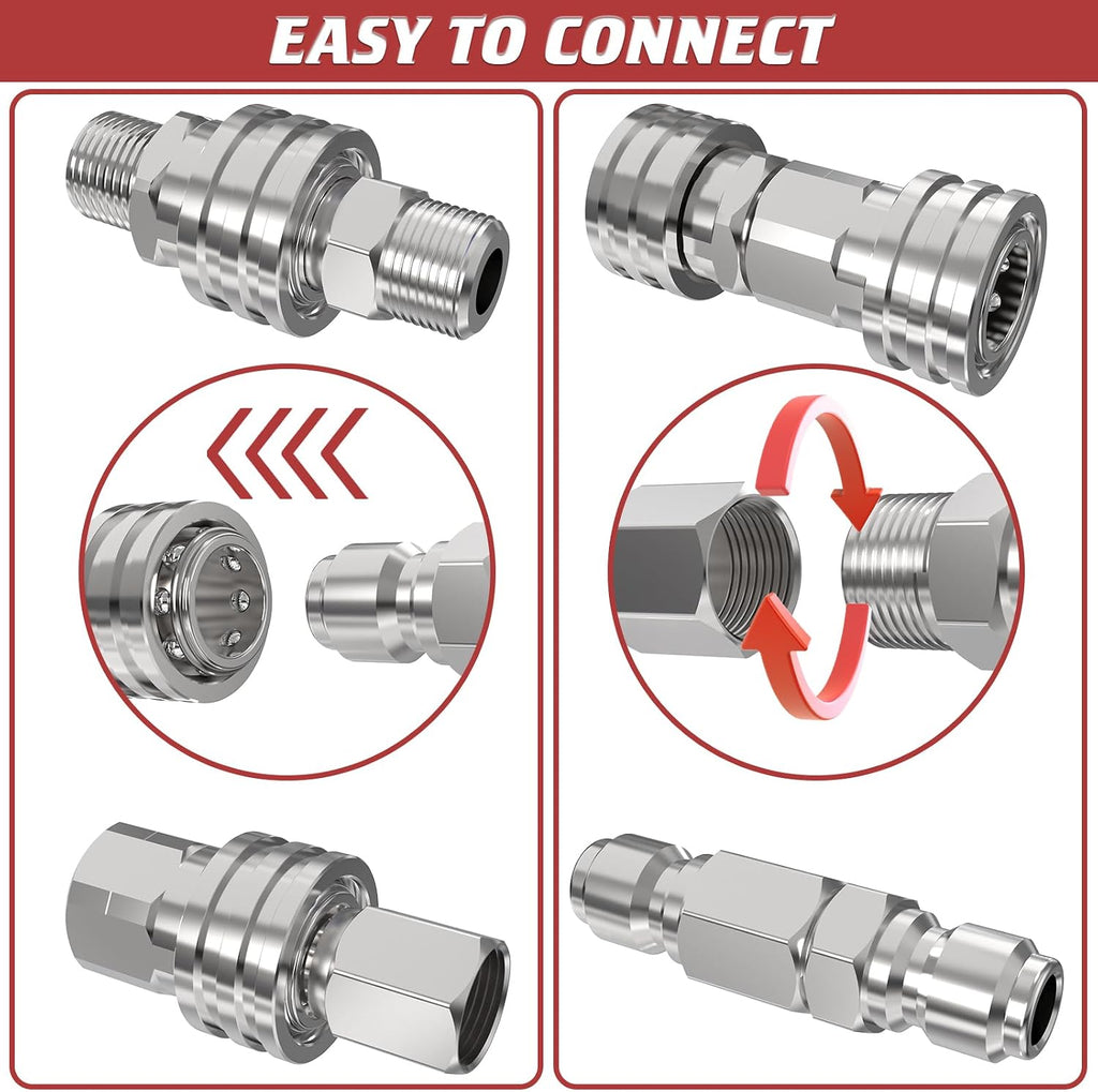 3/8" Pressure Washer Quick Connect Kit (8 Pcs) | Female and Male Swivel Fitting, Stainless Steel Adapter Set 3/8 Quick