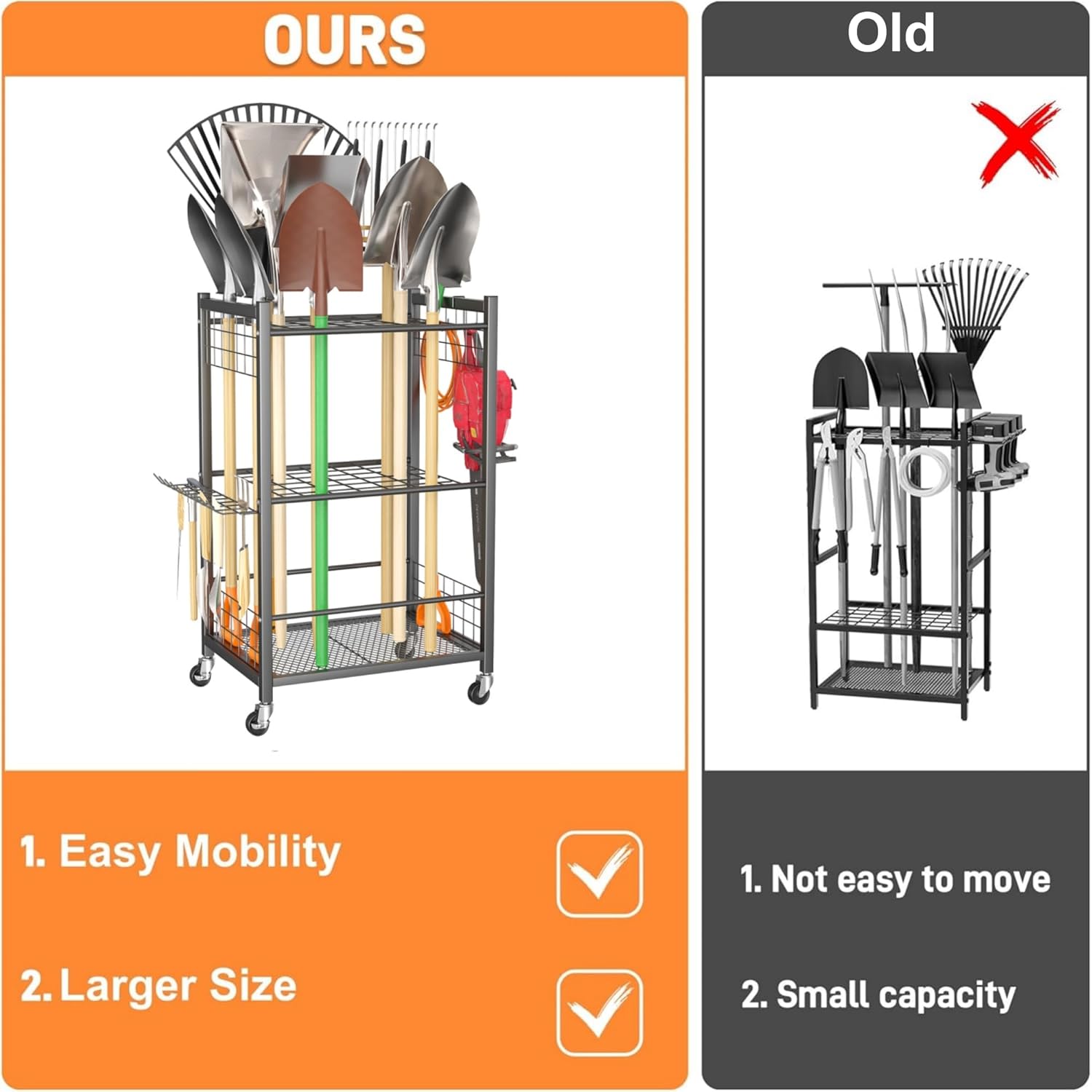 TORACK Garden Tool Stand with Wheels, Rakes Shovels Holder Yard Tools Organizer for Garage, Garden, Shed Indoor/Outdoor