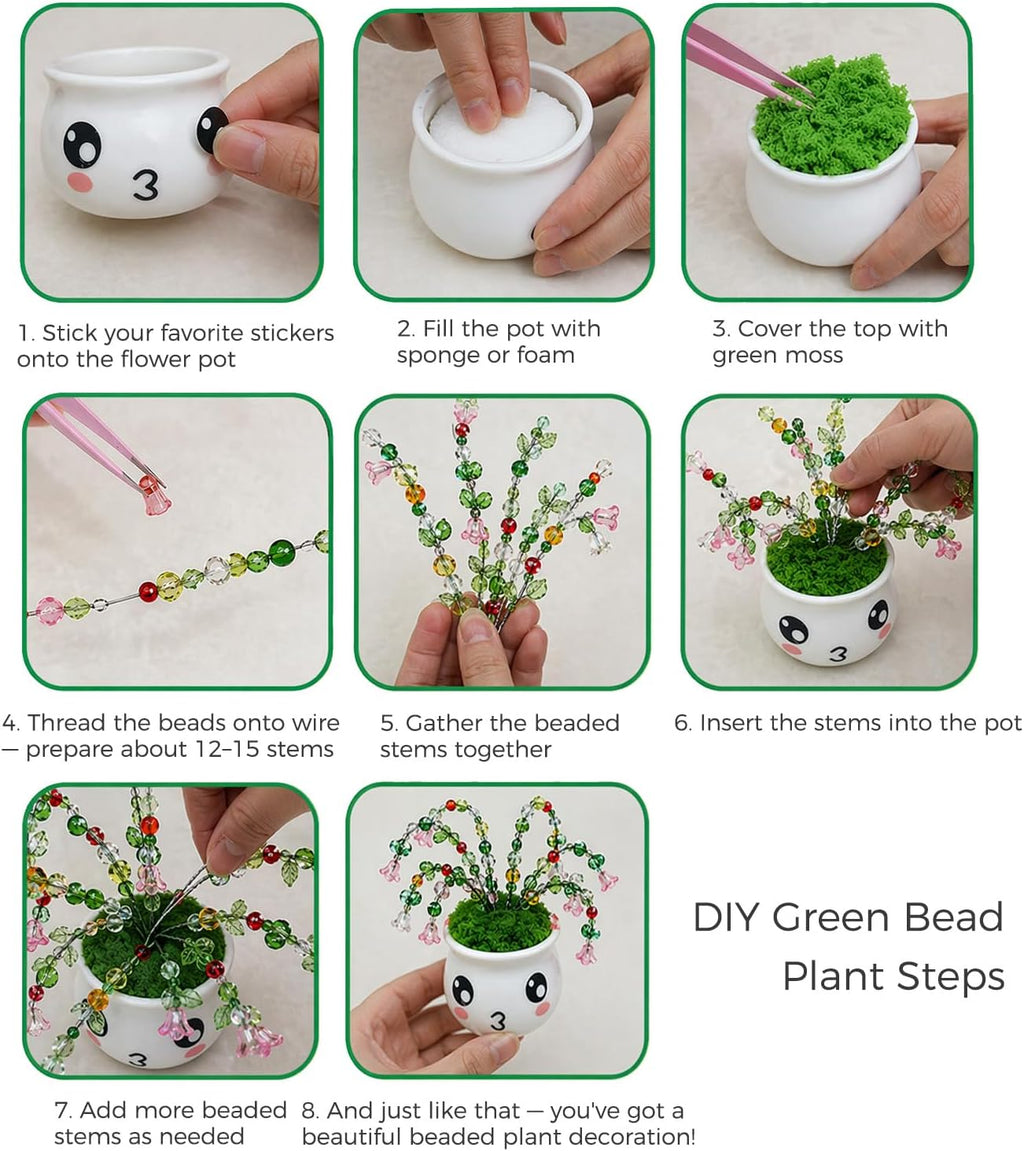 Vittqsuier 4607pcs DIY Green Glass Beads Plant Kit, Includes 4 Mini Vase Magnets for Fridge, 2 Plant Pots, Perfect for