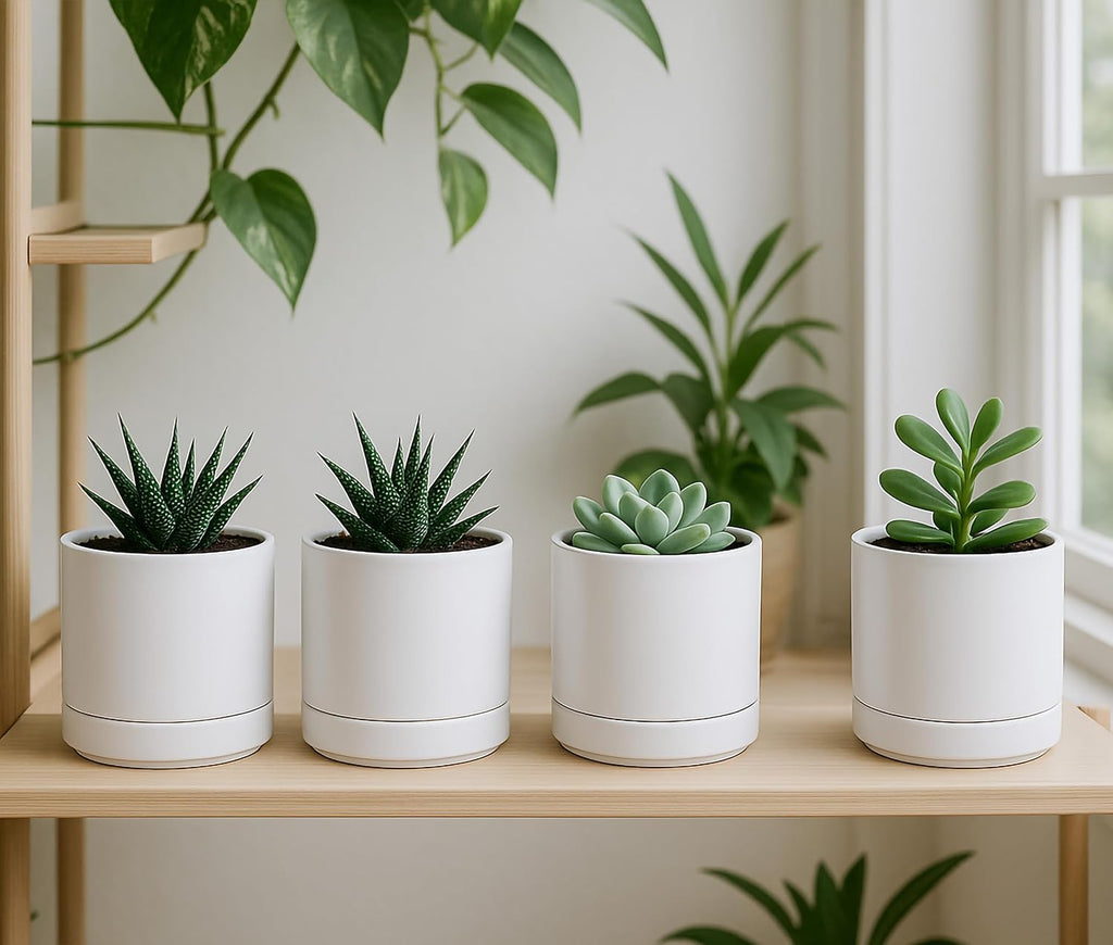 D'vine Dev 4-Pack Ceramic Pots with Saucers, White, 4.7 in, 94-X-B-1 | Glazed Ceramic, Drainage Hole and Saucer, Sleek
