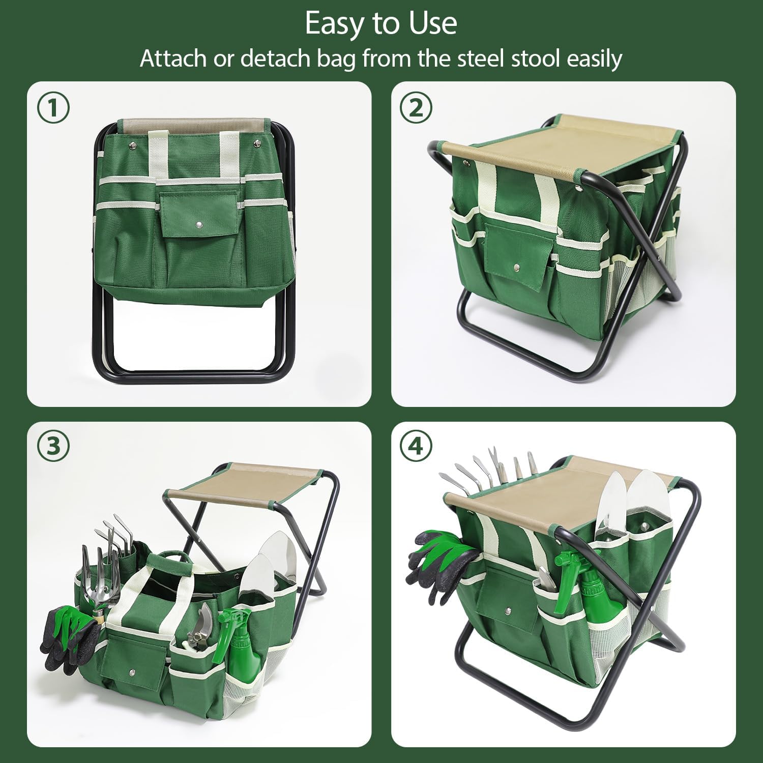 Garden Tool Set, 10 Piece Kit with Heavy Duty Folding Stool, Detachable Storage Tote Bag, Stainless Steel Tools, Gifts