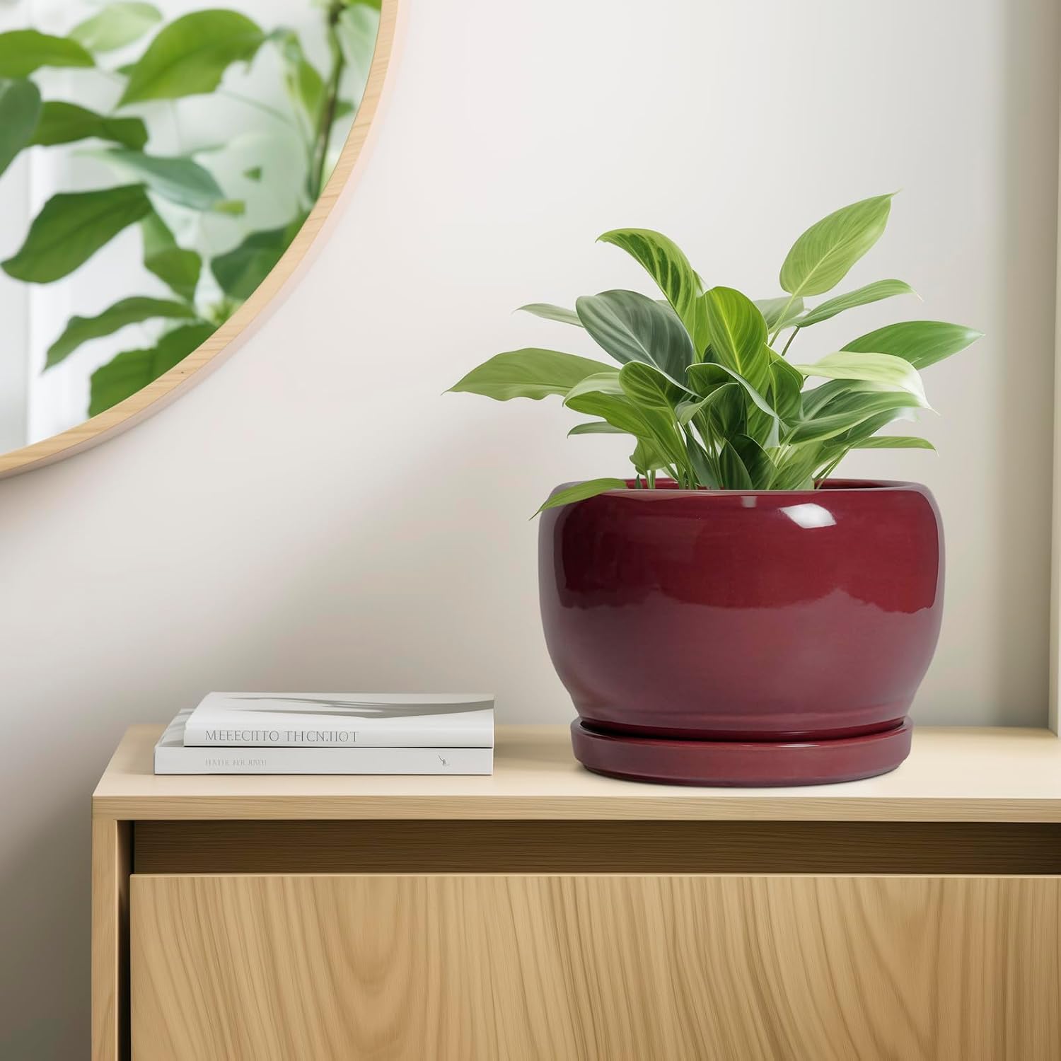 SQOWL Ceramic Pot for Plants - 10 Inch Indoor Planter with Drainage Hole and Saucer, Round Modern Planter Outdoor