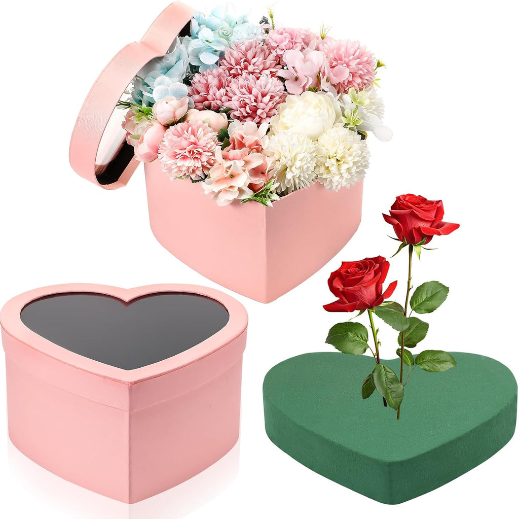 Nuenen Heart Gift Boxes for Her Him with Lid & Floral Foam Set, Grad Flower Gift Box with Clear Cellophane 9.8 x 9 x 5 Inches for Wedding Bridesmaid Birthday(Pink)