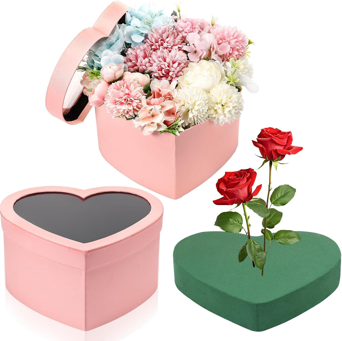 Nuenen Heart Gift Boxes for Her Him with Lid & Floral Foam Set, Grad Flower Gift Box with Clear Cellophane 9.8 x 9 x 5 Inches for Wedding Bridesmaid Birthday(Pink)