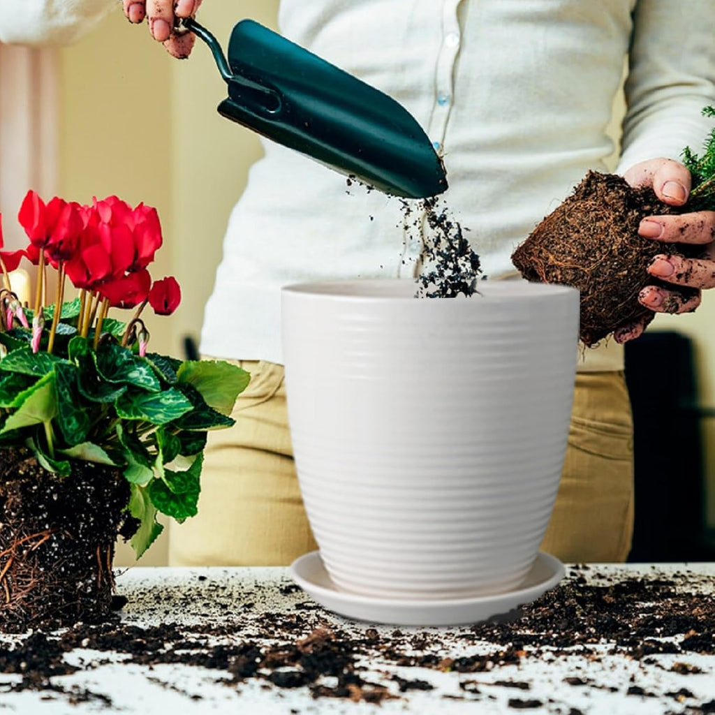 10 Inch Ceramic Planter Pot - Large Plant Pot with Drainage Hole and Saucer, Modern Round Flower Pots for Indoor