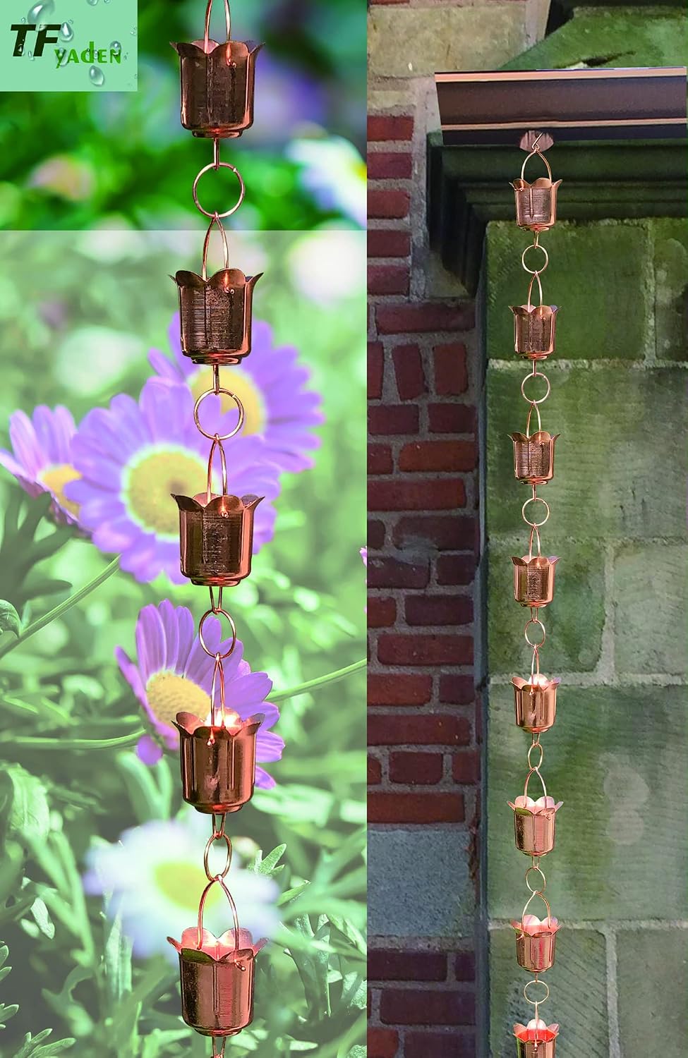 Rain Chains - Pure Copper Tulip Rain Chains for Downspouts. 8.5 Feet Length. Free Gutter Adapter. Windchime and