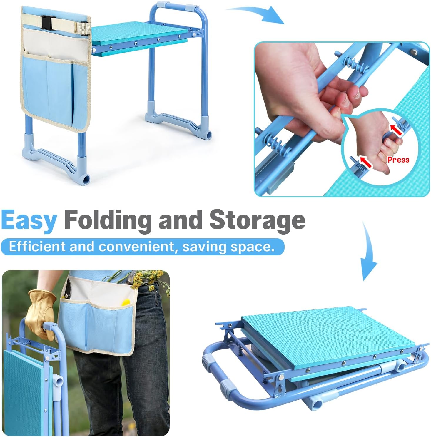 Garden Kneeler and Seat Heavy Duty, Foldable Gardening Stool Bench | With Widened Thick Soft Kneeling Pad & Tool