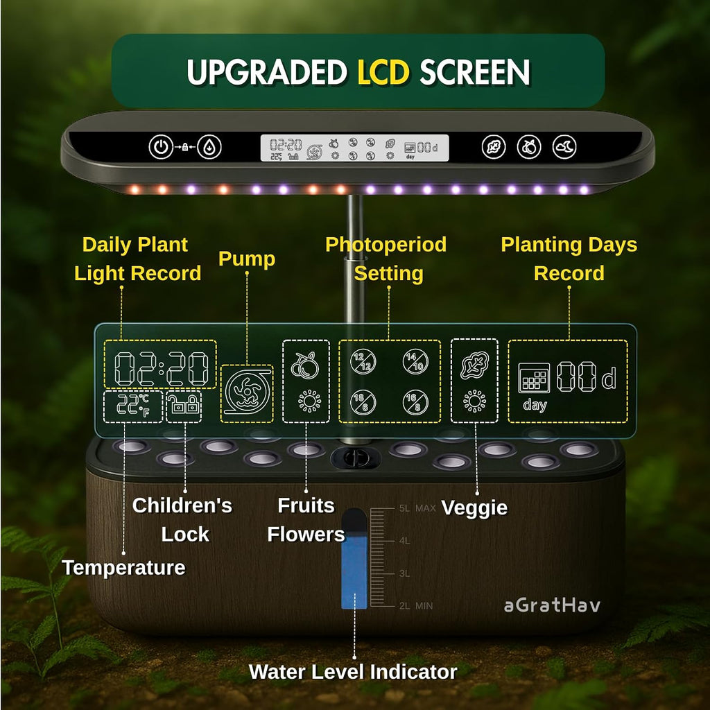 Hydroponics Growing System Kit, Indoor Herb Garden, 14 Pods Upgraded LCD Display, LED Grow Light Quiet Smart Water Pump