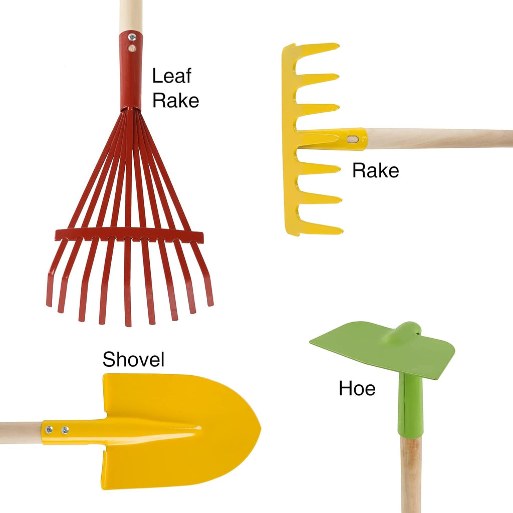 HEY! PLAY! Kids Gardening Tools Set, 4-Piece-Set | Mini Garden Tools with Wood Handles, Child-Sized Shovel, Rake, Hoe