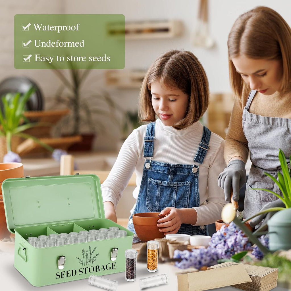 Seed Storage Box , Metal Seed Organizer Saving Box, Seeds Packet Container | with 4 Dividers,With 60 Slots 60 Seeds