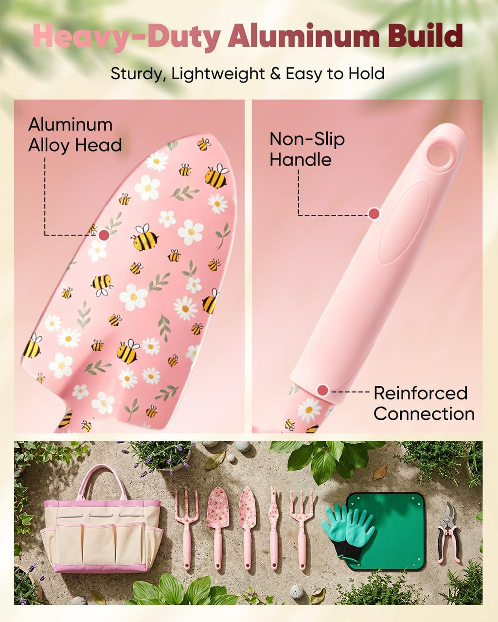 Garden Tool Set Gardening Tools - Heavy Duty Aluminum Tool Kit with Non-Slip Handle, Gardening Gloves and Tool Bag for