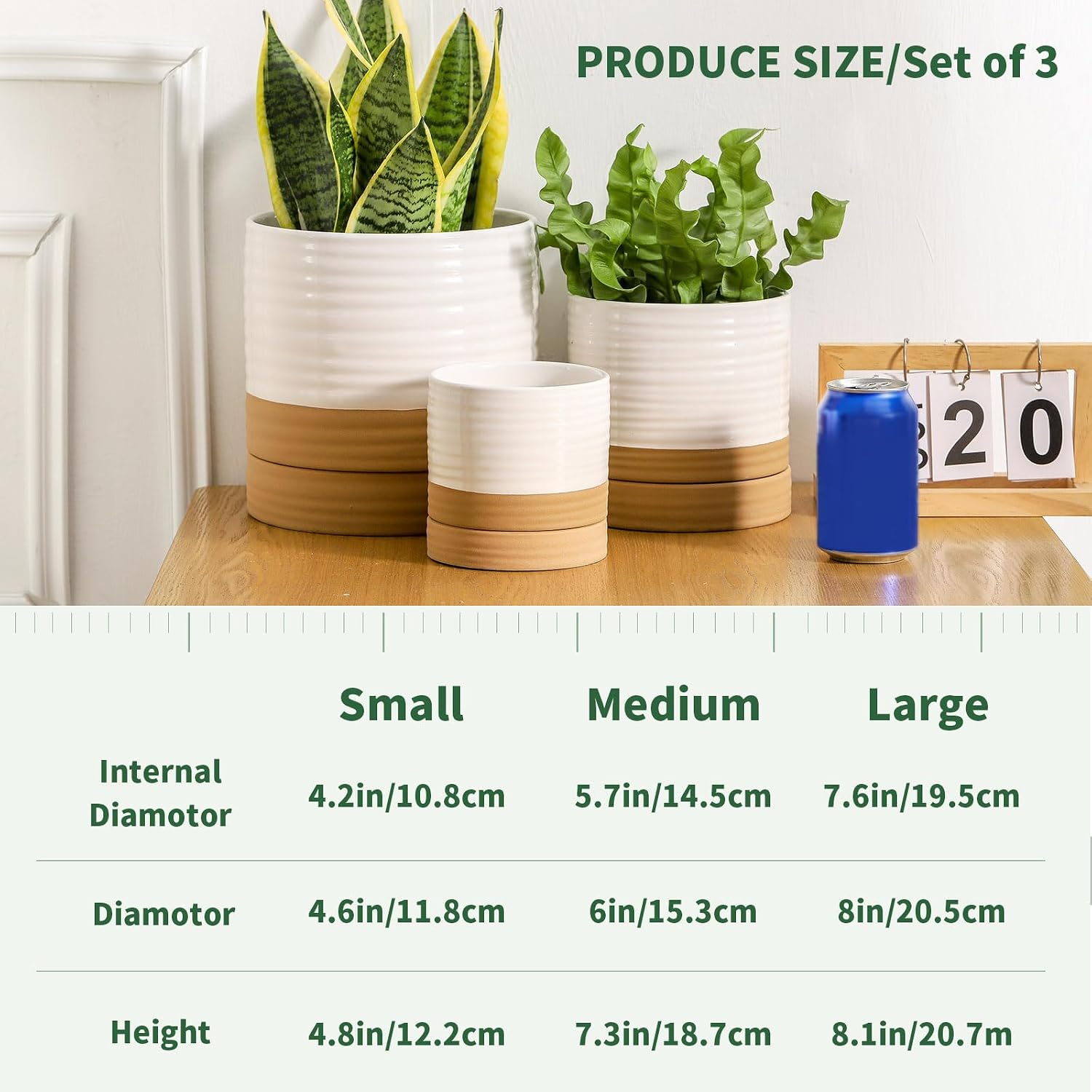 HASENSE Ceramic Plant Pots with Saucers Set of 3, 8+6+4.6 Inch Planters for Indoor Plants with Drainage Holes,Two-Tone