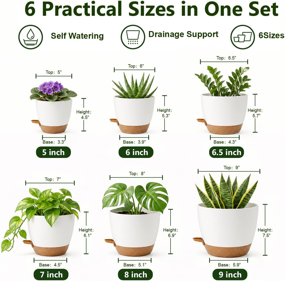 Plant Pots for Indoor 9/8/7/6.5/6/5 Inch, Self Watering Planter Pots with Drainage Holes and Saucers, 6Pcs Plastic