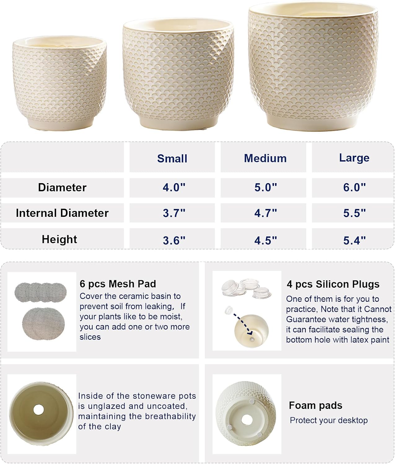 4 + 5 + 6 Inch Ceramic Pots for Indoor Plants, Succulents Plant Pots, Orchid Flower Pot with Drainage Hole, Modern Clay