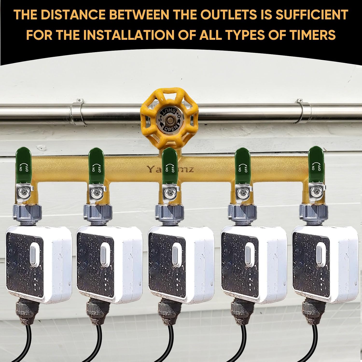 5 Way Garden Hose Splitter, 3/4" GHT Outdoor Water Spigot Splitter | Heavy Duty Solid Brass Body with Shut-off Valves &