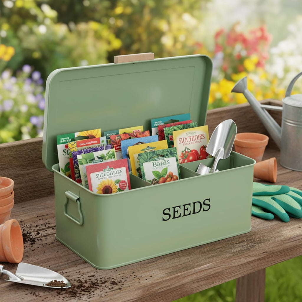 Seed Storage Organizer,Metal Seed Saving Box with Lid,4 Compartments Box with Safety Locks,Garden Supplies Container