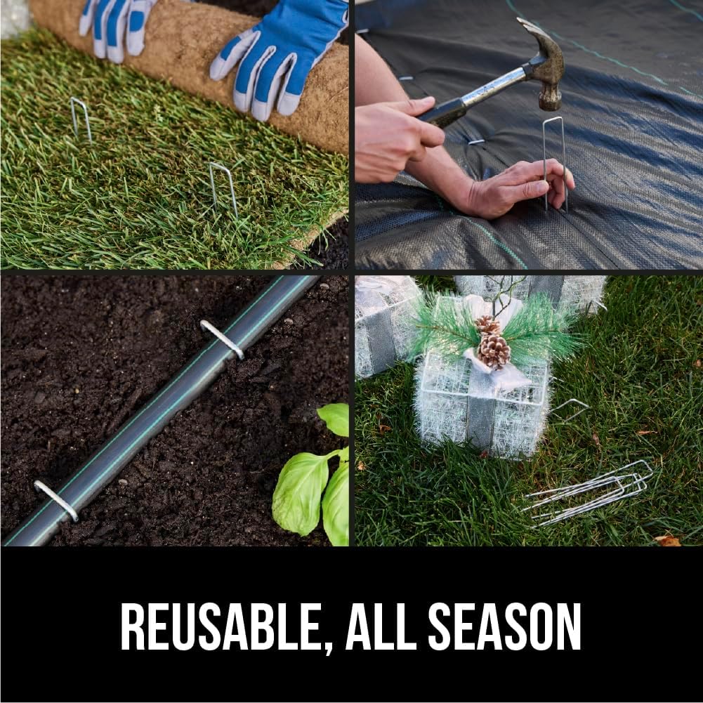 GORILLA GRIP Premium Landscape Staples 200 Pack 6 Inch, Heavy Duty 11 Gauge Galvanized Steel Garden Stakes, Sharp Rust
