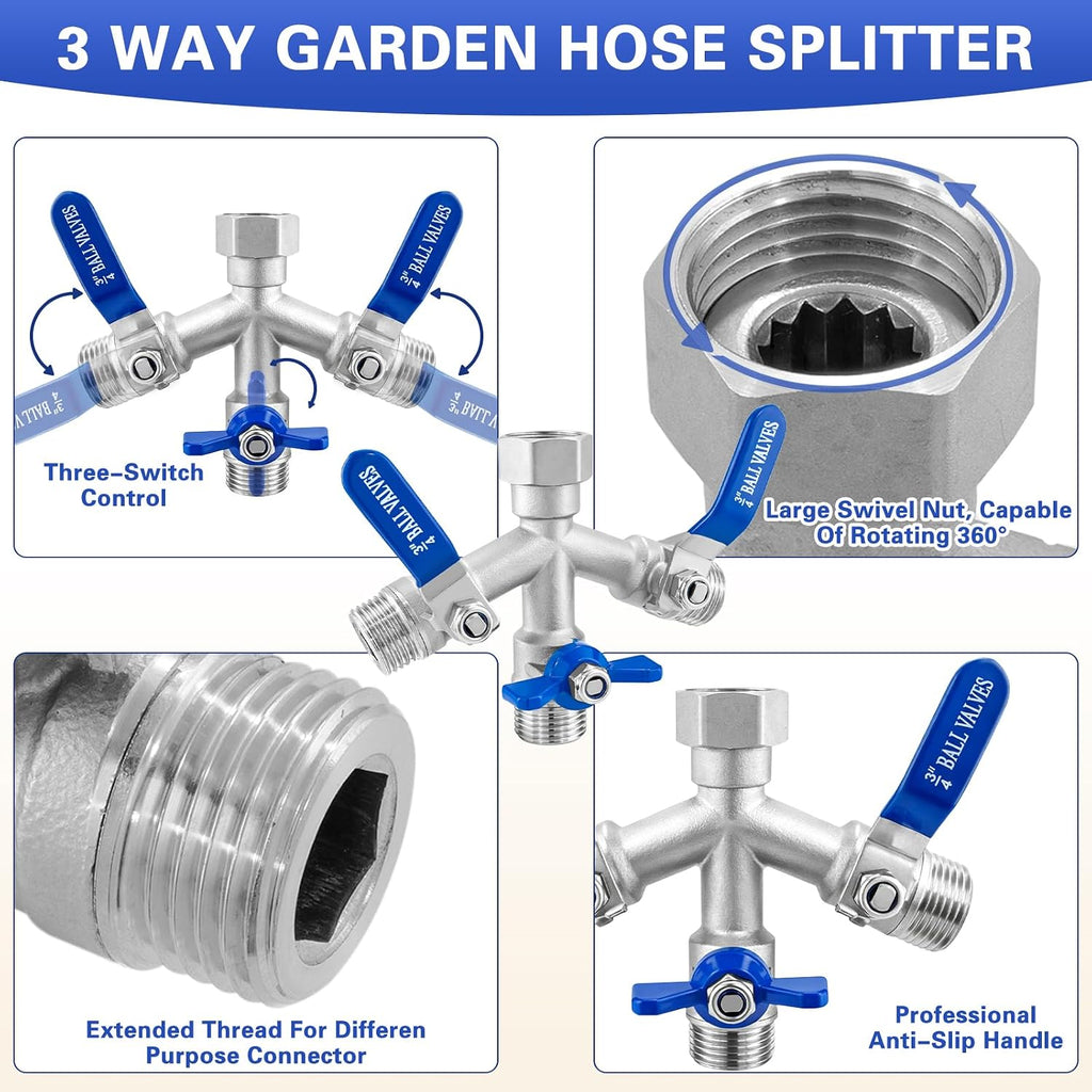 Garden Hose Splitter 3 Way, Heavy Duty 304 Stainless Steel Hose Splitter with Shut-off Valves, Full Flow Garden Water