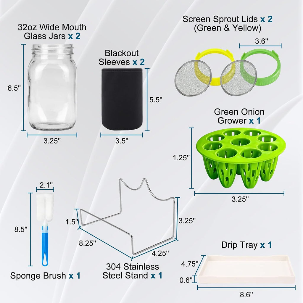 Seed Sprouting Kit, 2 Wide Mouth Mason Jars with Sprout Lids, Green Onion Regrower, Stainless Steel Stand, Drain Tray