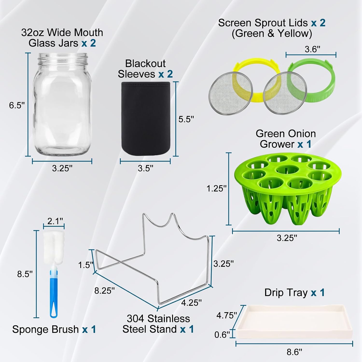 Seed Sprouting Kit, 2 Wide Mouth Mason Jars with Sprout Lids, Green Onion Regrower, Stainless Steel Stand, Drain Tray
