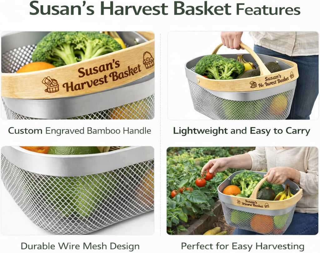 Personalized White Garden Harvest Basket with Engraved Bamboo Handle – Lightweight Metal Mesh Vegetable Basket for