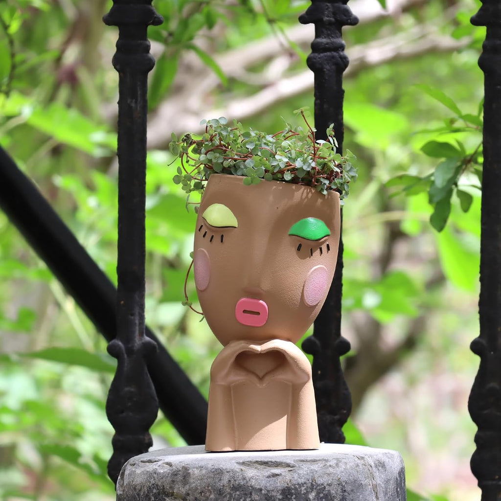 Cute Face Planter Head Pot for Indoor Plants, Unique Succulent Planter with Drainage, Decorative Resin Flower Pot for