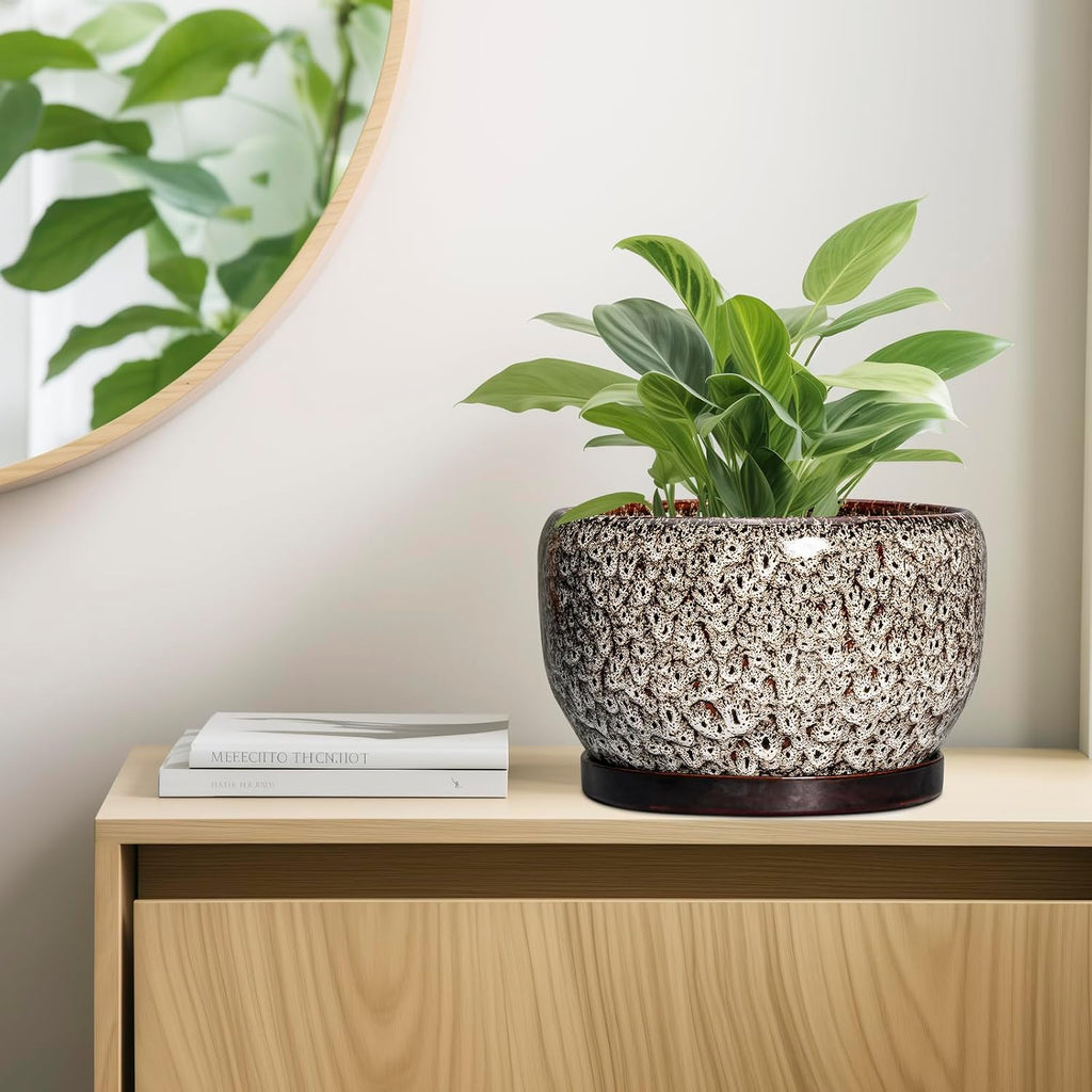 SQOWL Ceramic Plant Pots - 10 Inch Planter for Indoor Plants Outdoor, Large Flower Pots with Drainage Hole and Saucer