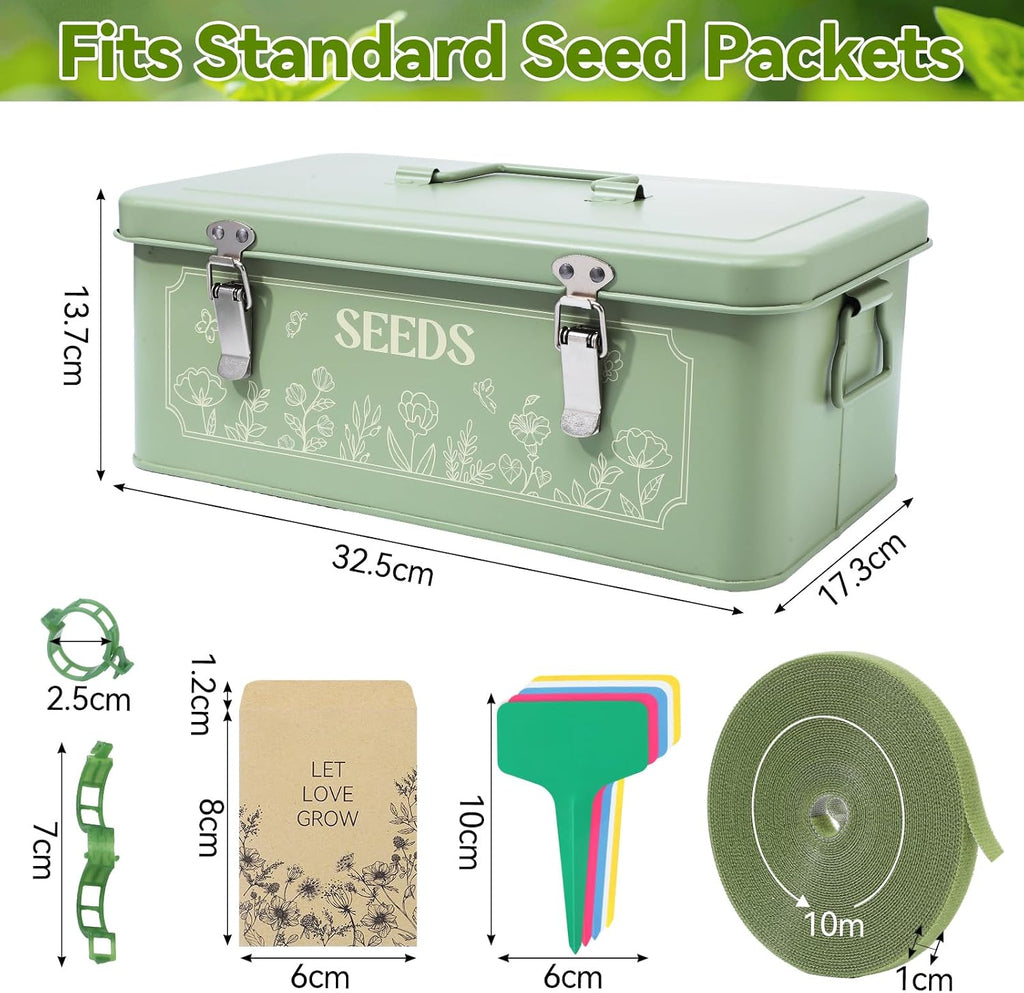 Metal Seed Storage Box With Lid, 4 Compartments, Garden Organizer | Includes 50 Labels, 50 Envelopes, 20 Plant Clips