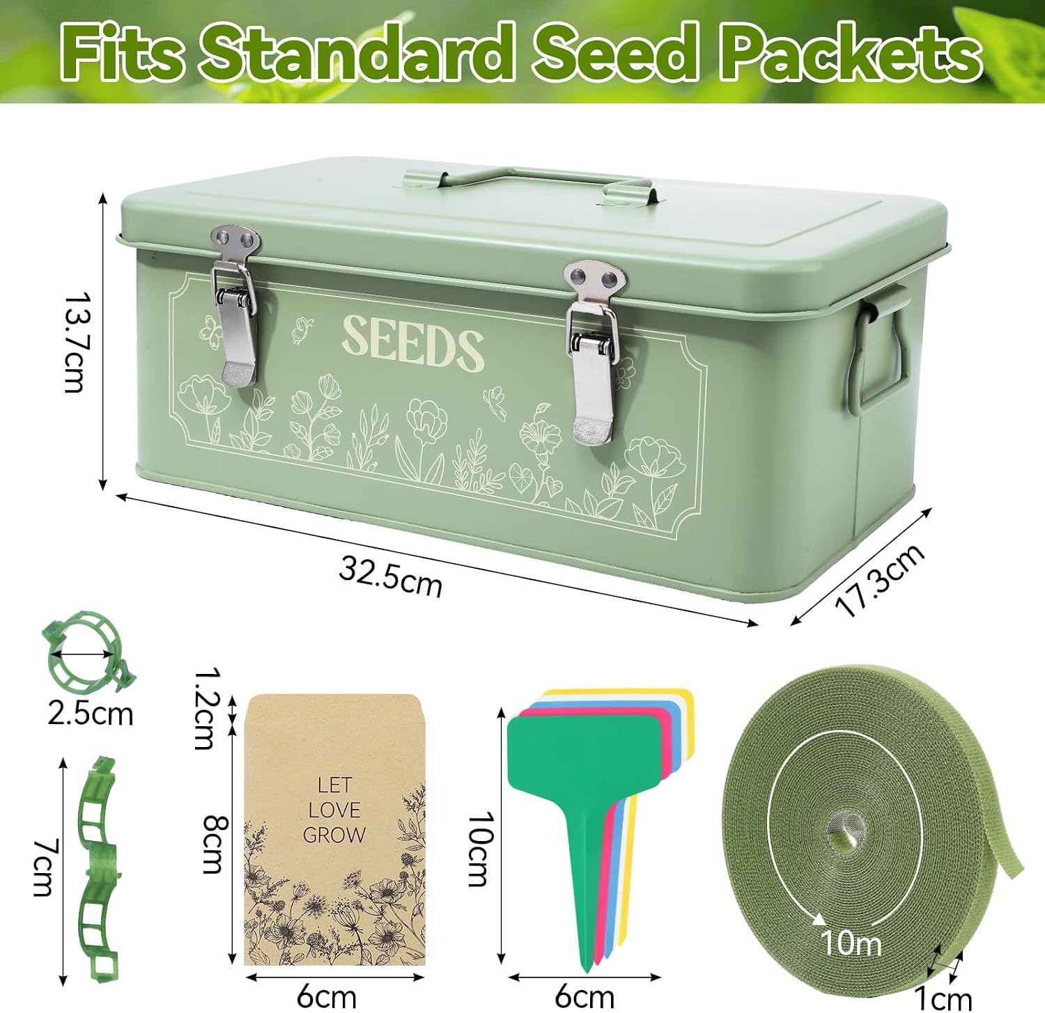 Metal Seed Storage Box With Lid, 4 Compartments, Garden Organizer | Includes 50 Labels, 50 Envelopes, 20 Plant Clips