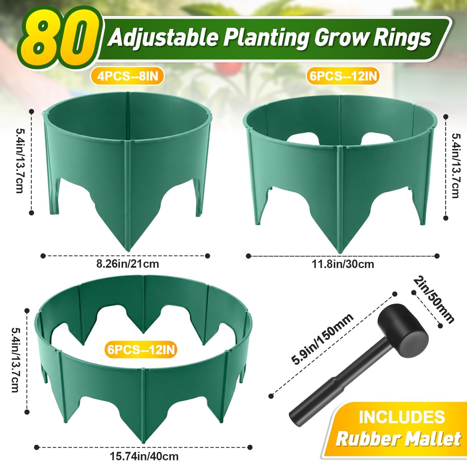 80 Pcs Planting Grow Rings, Diameter Range 8.2-15.7 Inches, Adjustable Interlocking Plant Support Rings with Mallet