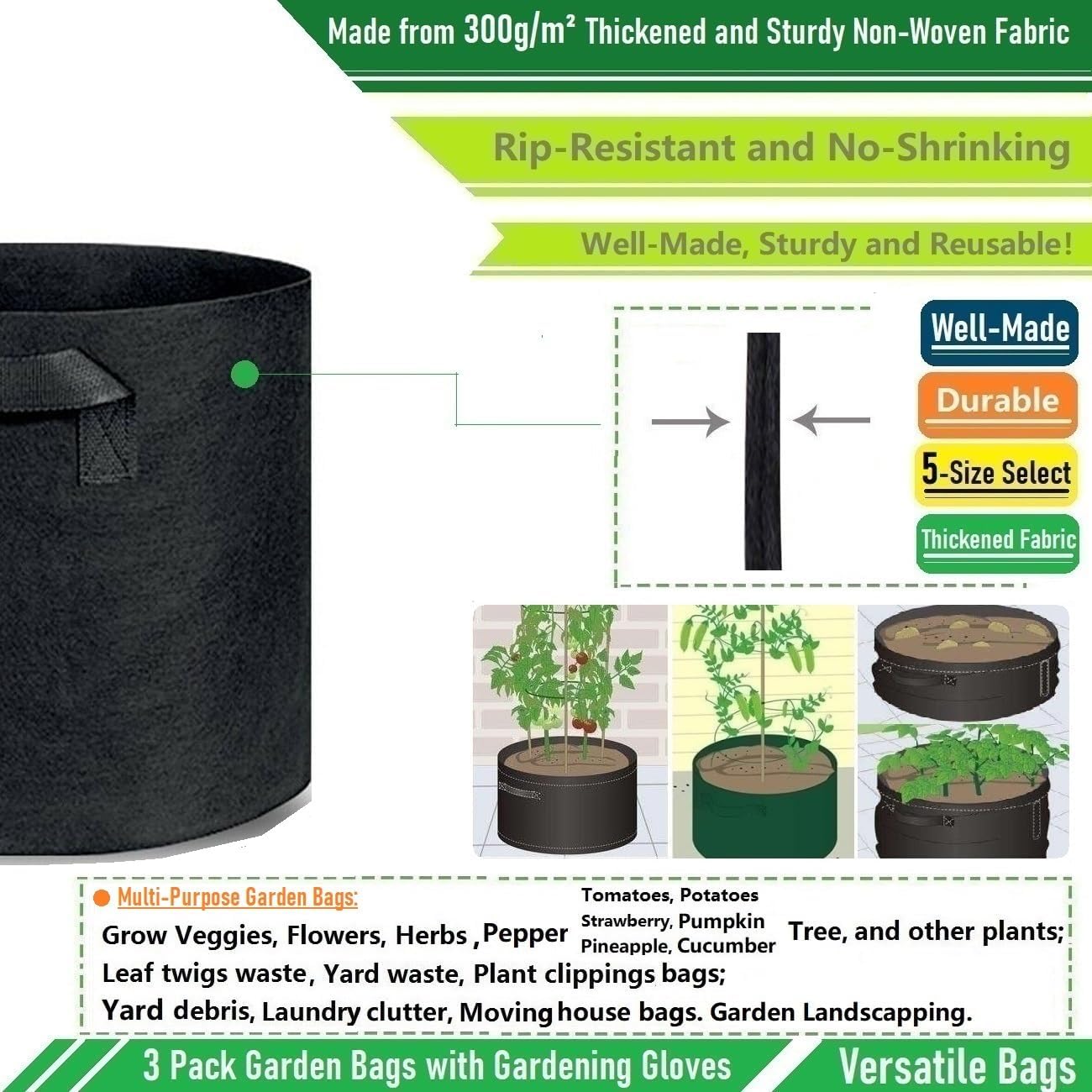 3-Pack 75 Gallon Thickened Plant Grow Bags Large (34x20 in) Heavy Duty Garden Bag Fabric Plant Pots for Tomato,Potato