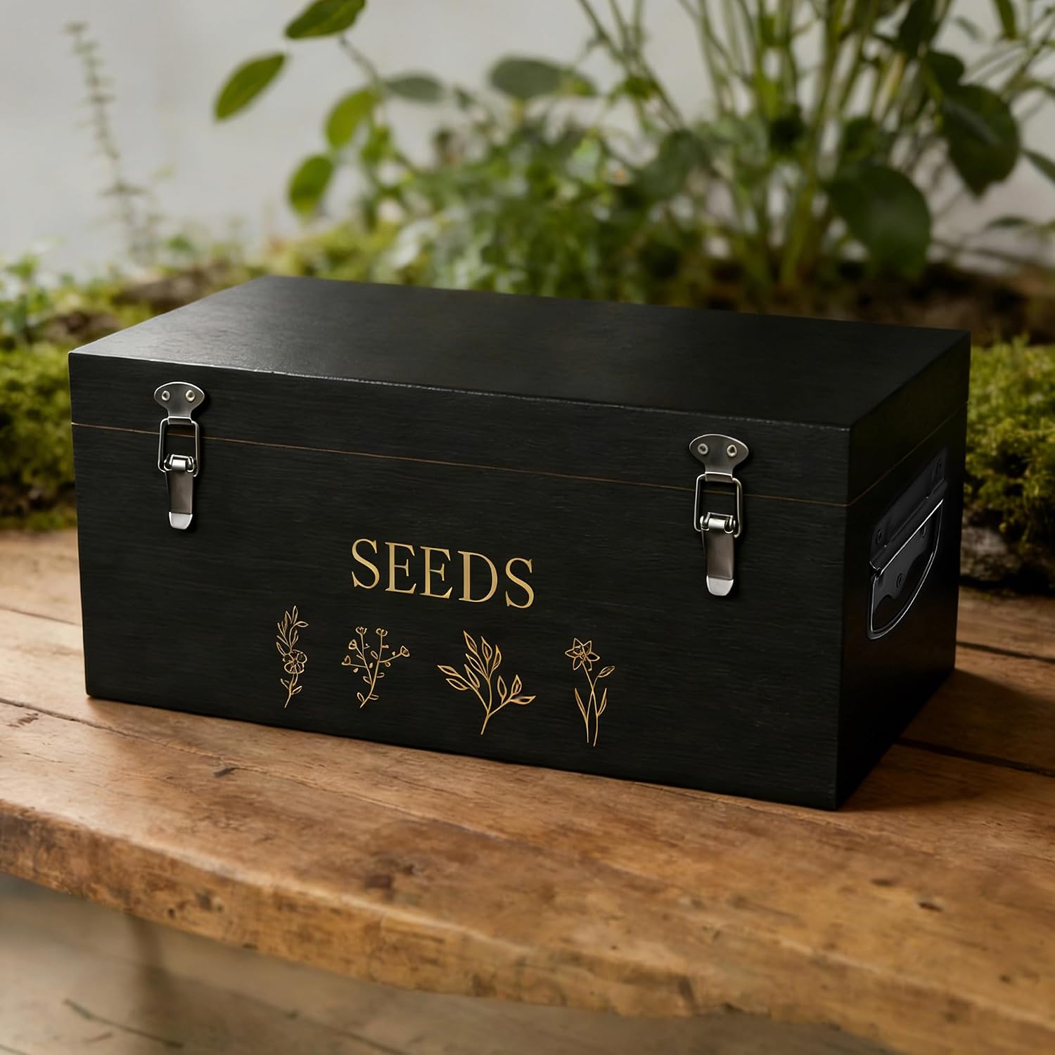Bamboo Seed Storage Organizer, Large Garden Seed Organizer with Lid & Safety Lock & Handles, Seed Box Includes Seed