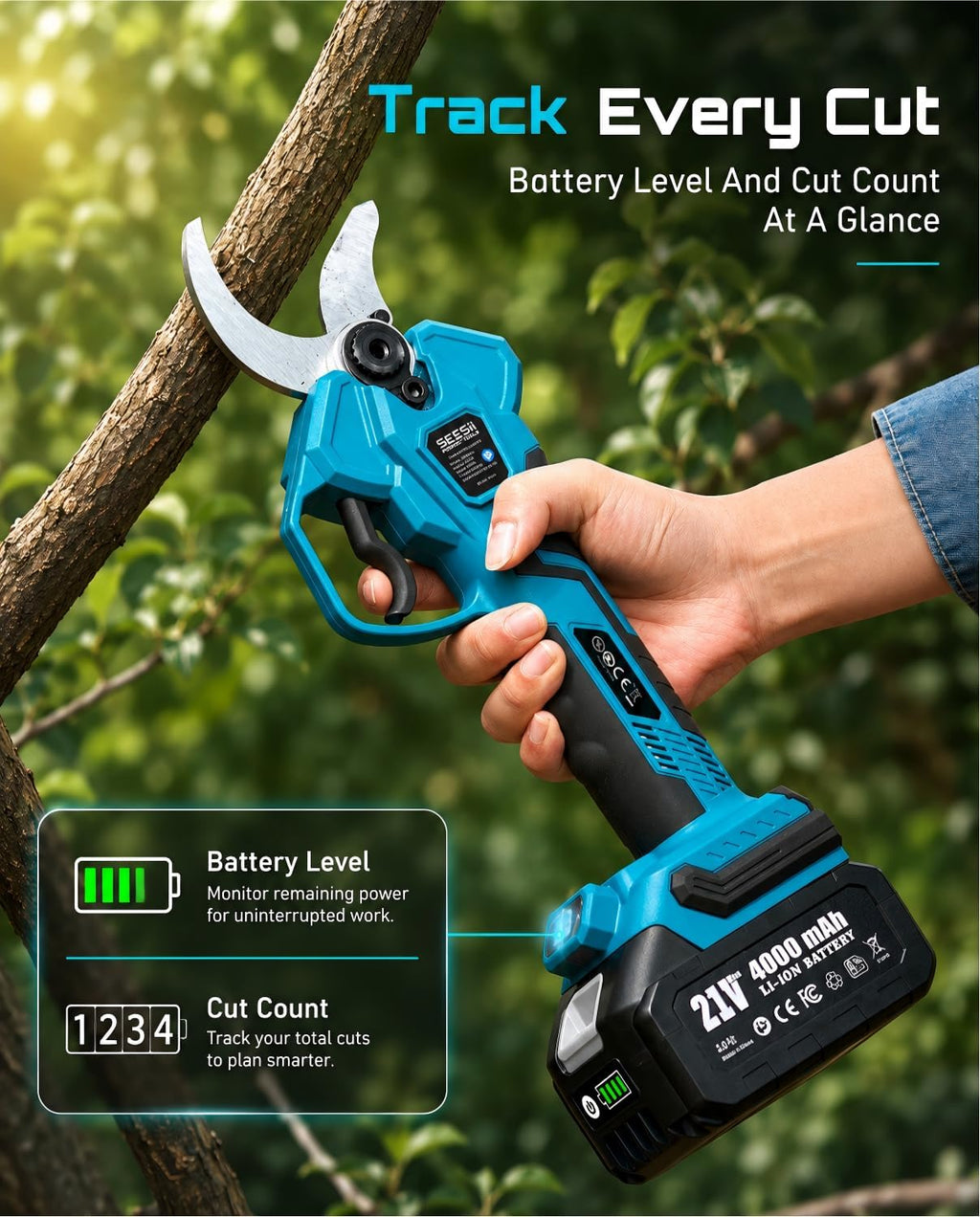 SEESII Electric Pruning Shears, 1.6" Cut Cordless Pruner, 2x4.0Ah Batteries | Brushless Motor, SK5 Blade, LCD Display