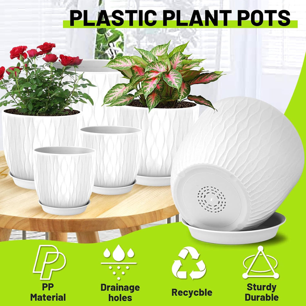 Plastic Plant Pots 10/9/8/7.5/7 inch Set of 5, Flower Planters with Drainage Holes and Saucers, Plastic Pots for Indoor