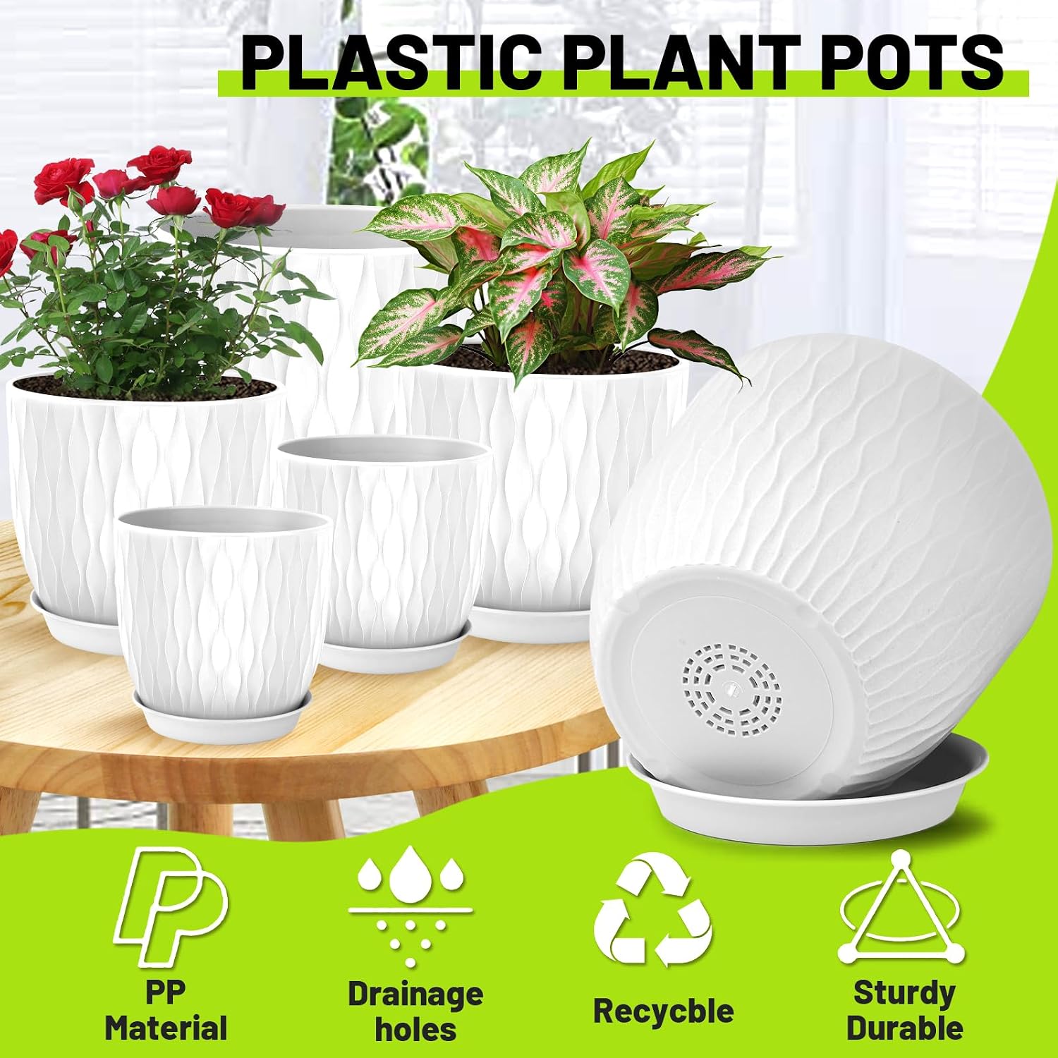Plastic Plant Pots 10/9/8/7.5/7 inch Set of 5, Flower Planters with Drainage Holes and Saucers, Plastic Pots for Indoor