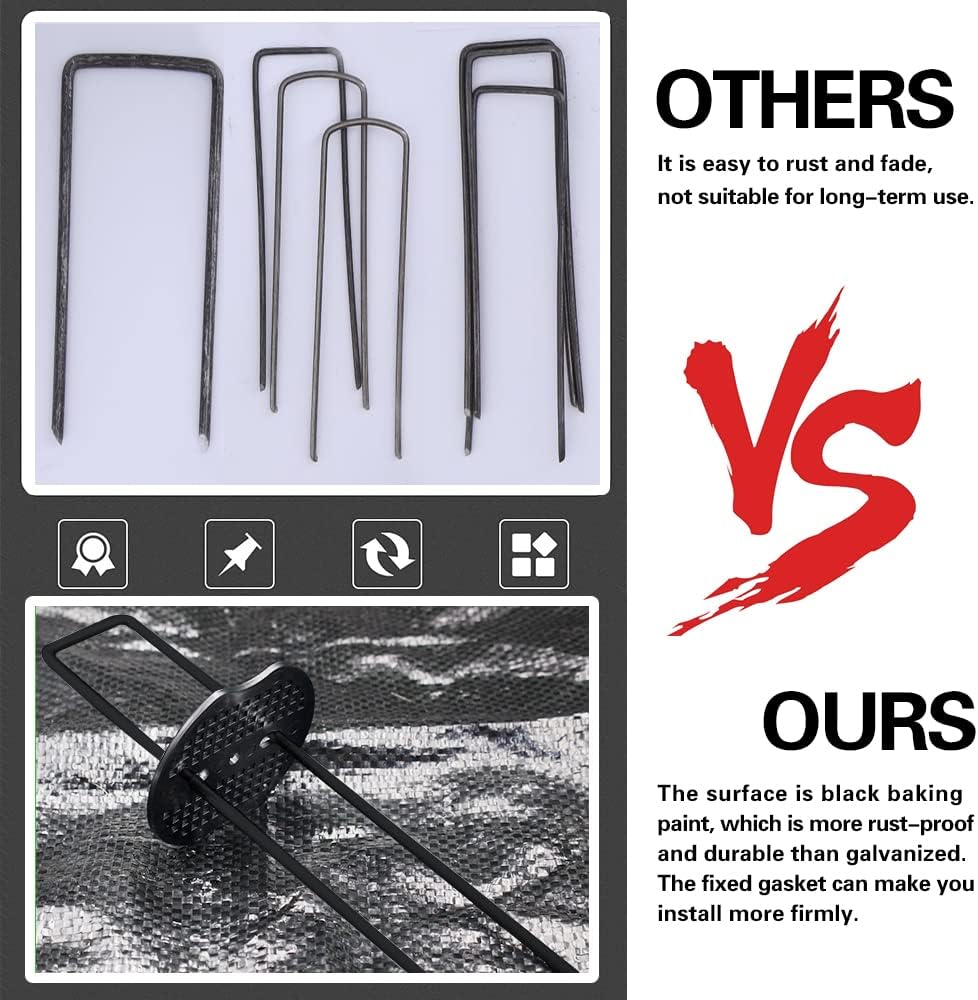 Bakulyor 100pcs Black Landscape Staples + 100pcs Buffer Washer, 6 Inch 11 Gauge Garden Stakes Staples, U Shaped