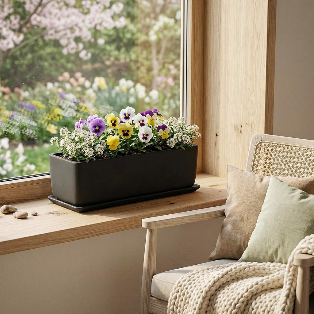 MyGift 14 Inch Matte Black Ceramic Rectangular Succulent Planter | Decorative Flower Planter with Drainage Hole and