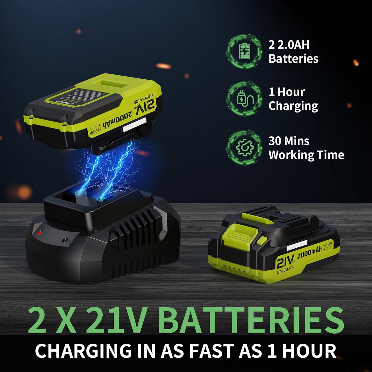 LEAPUL Leaf Blower Cordless with 2 Batteries & Fast Charger, Bright Green | 21V Battery Powered, Powerful Airflow, 4Lbs