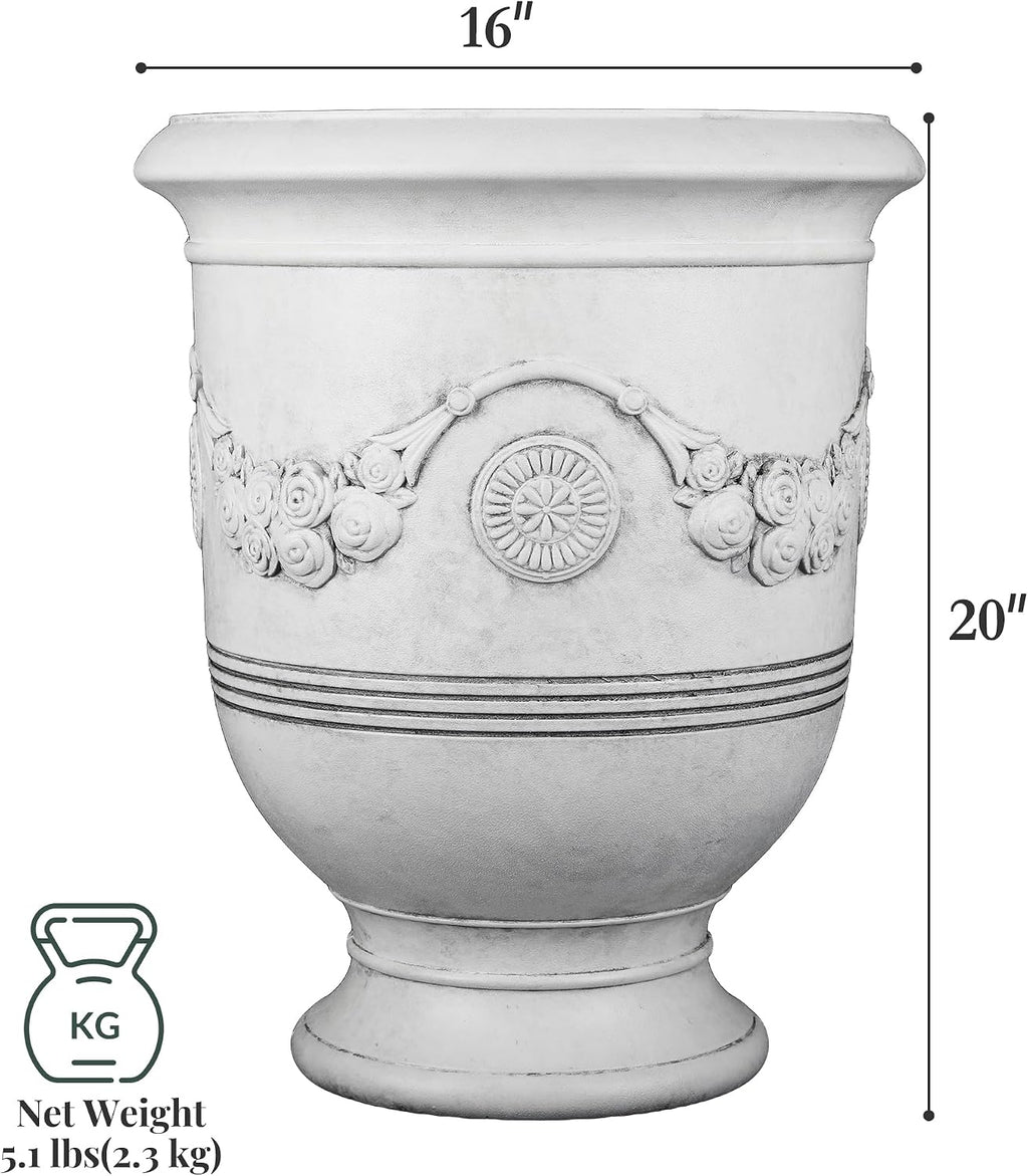 KOL Large Plastic Urn Planter - 16” Dia x 19” H Lightweight Classic Planter Pot with Cement Texture & Drainage Hole