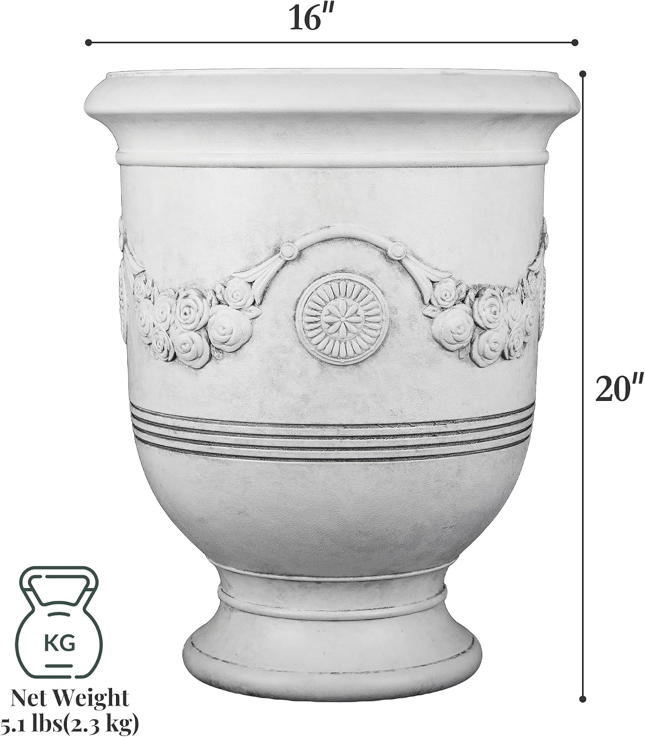 KOL Large Plastic Urn Planter - 16” Dia x 19” H Lightweight Classic Planter Pot with Cement Texture & Drainage Hole